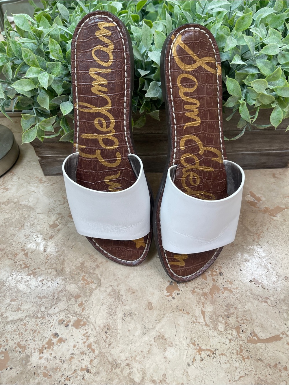 Sam Edelman White Wide Strap Slide Sandals with Brown Insole